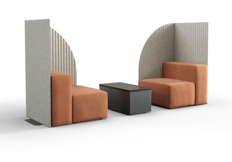Two orange and gray modular seating units with high, textured privacy panels and a central black rectangular table on a white background