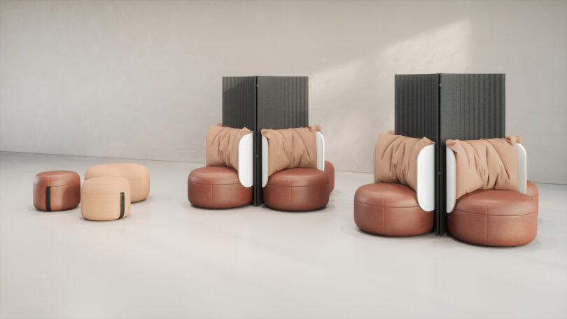 Contemporary seating arrangements with leather chairs, pillows, and privacy partitions. Multiple ottomans in varying sizes are arranged nearby