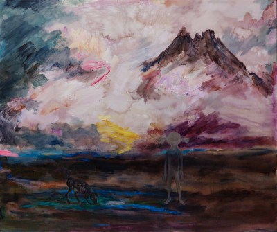 A semi-abstract landscape painting of a gray human figure and black dog with a volcano in the background.