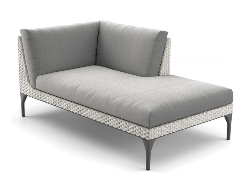 A modern gray daybed with a woven frame and metal legs on a white background.