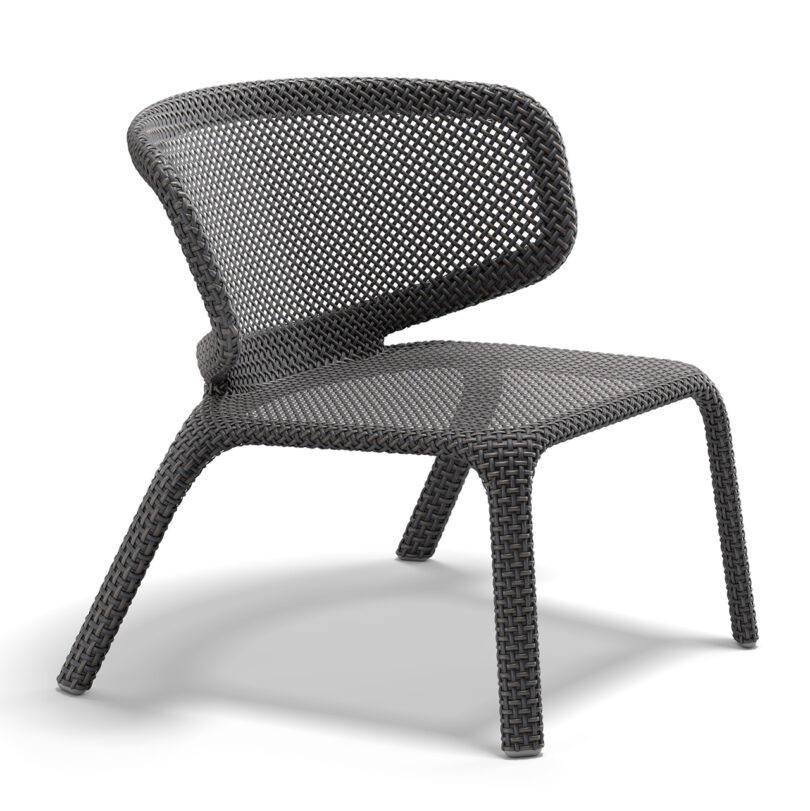 A black, woven-style chair with a curved backrest and four legs.