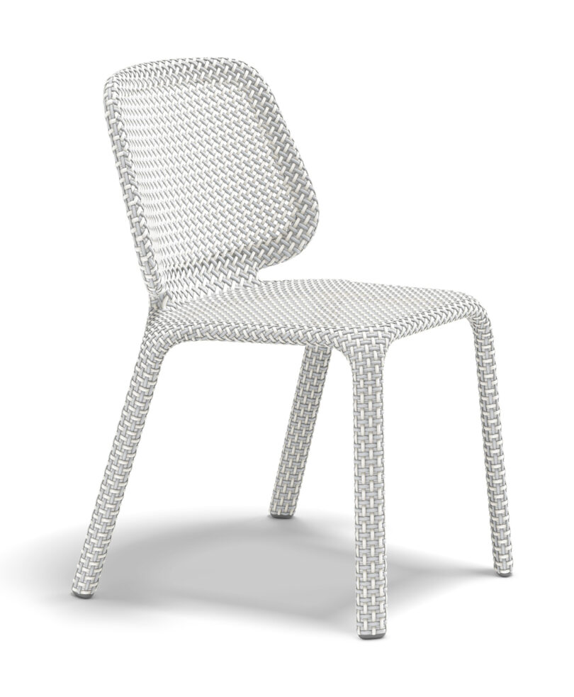 A white, woven-style chair with a curved backrest and four legs.