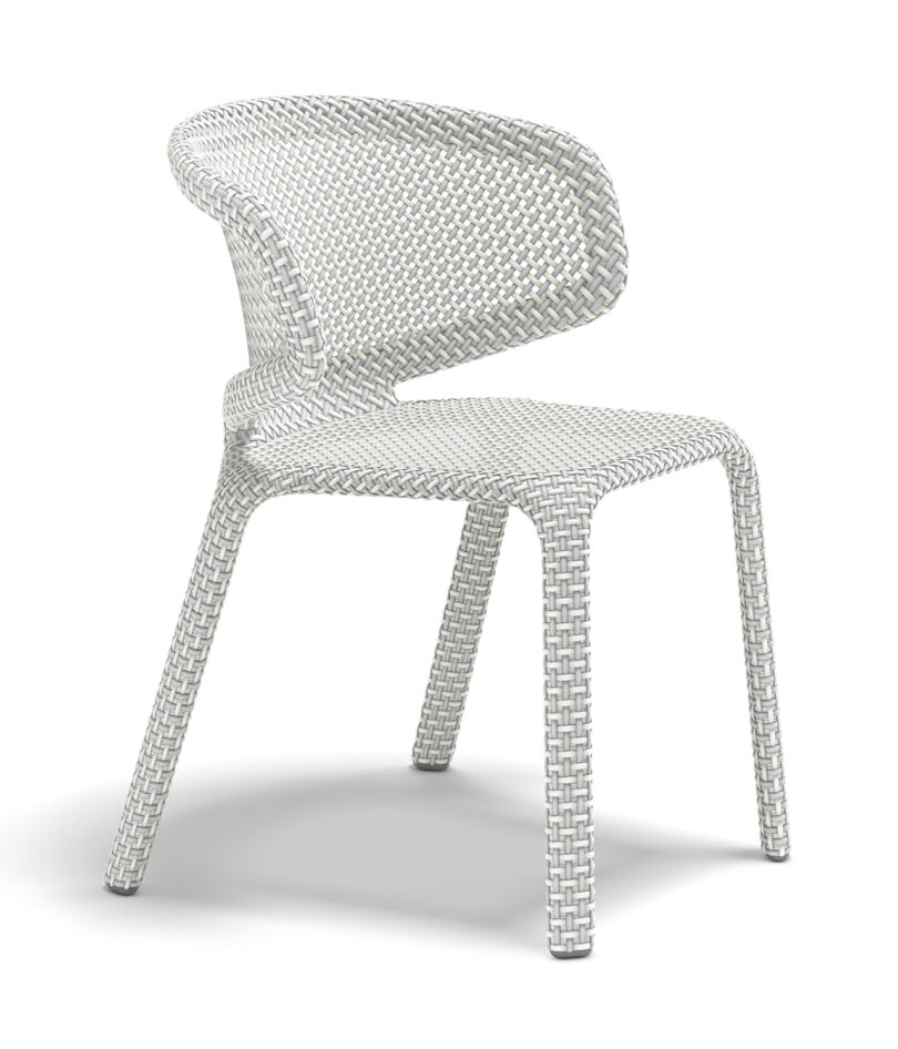 A white, woven-style chair with a curved backrest and four legs.