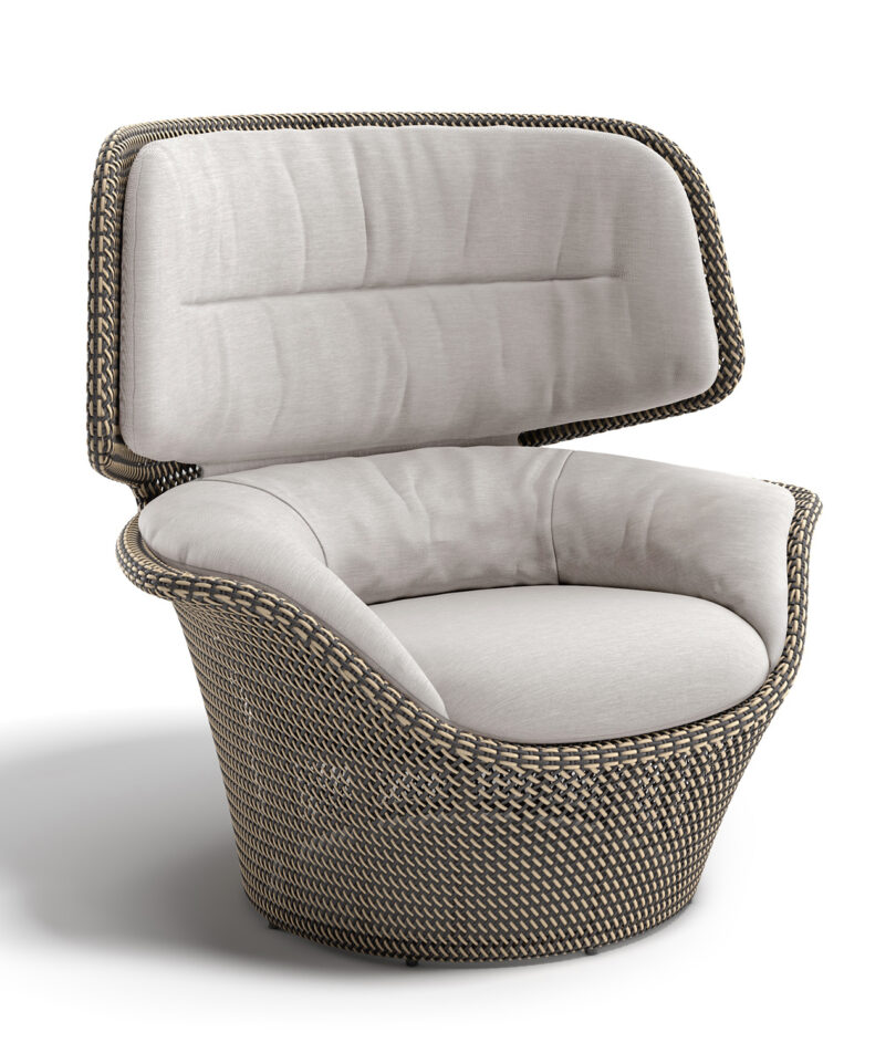 A cushioned, modern chair with a rounded design, featuring a woven exterior and padded backrest in light fabric.