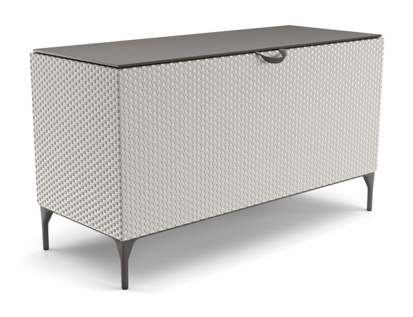 A rectangular storage basket with a flat dark brown lid elevated on four metal legs.