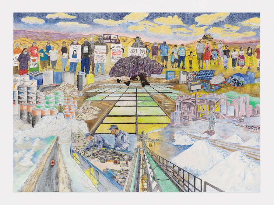 Carolina Caycedo, Lithium Intensive, 2022. Paper, coloured pencil, 92 cm x 127 cm. Courtesy: the artist and Collection of Sharjah Art Foundation