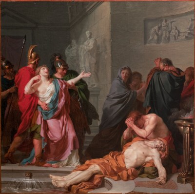 A painting of a woman in Roman dress raising her hands while two soldiers carry her away. At her feet, on a staircase, a man holds his hands above a dead man's body.