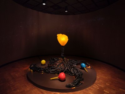 A sculpture that resembles the roots of a tree with a yellow flower and three maracas. 