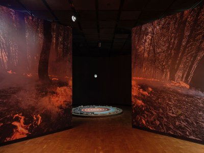 Two walls showing large vinyl prints of photographs of forests burning show a traditional Indigenous sculpture in the background. 