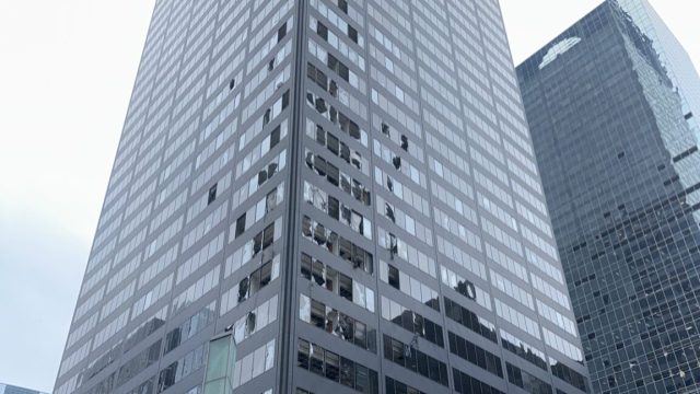 Straight-line wind damage inflicted to a high-rise building in Houston, Texas, during the May 16, 2024 derecho. Windows are blown out on multiple floors.