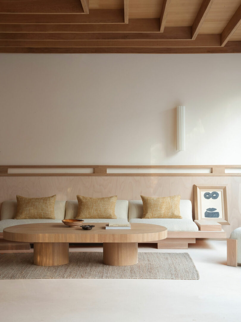 The minimalist living room features a wooden coffee table, cream sofa, and mustard pillows. Wall art and a textured rug enhance the space. Neutral tones and natural light highlight the modern décor, creating a policronica ambiance that's both elegant and timeless.