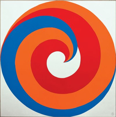 An abstract painting showing blue, red, and orange in a circular spiral shape. 