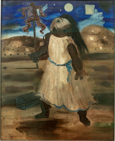 A painting of a young black girl who walks in a brown-ish desert landscape. 