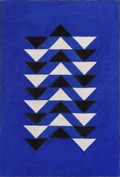 An abstract painting showing black and white triangles against a blue background. 