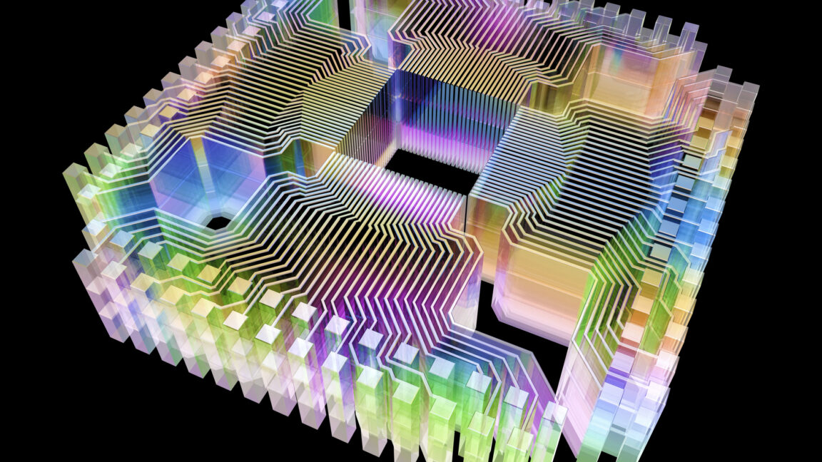 Amazon-uses-quantum-cat-states-with-error-correction.jpg Multicolored graphic representing the wiring needed to connect a processing chip to hardware, set against a back backdrop.