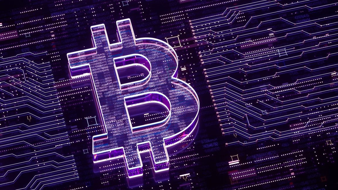 Digitally generated image of a bitcoin symbol on a glowing circuit board.