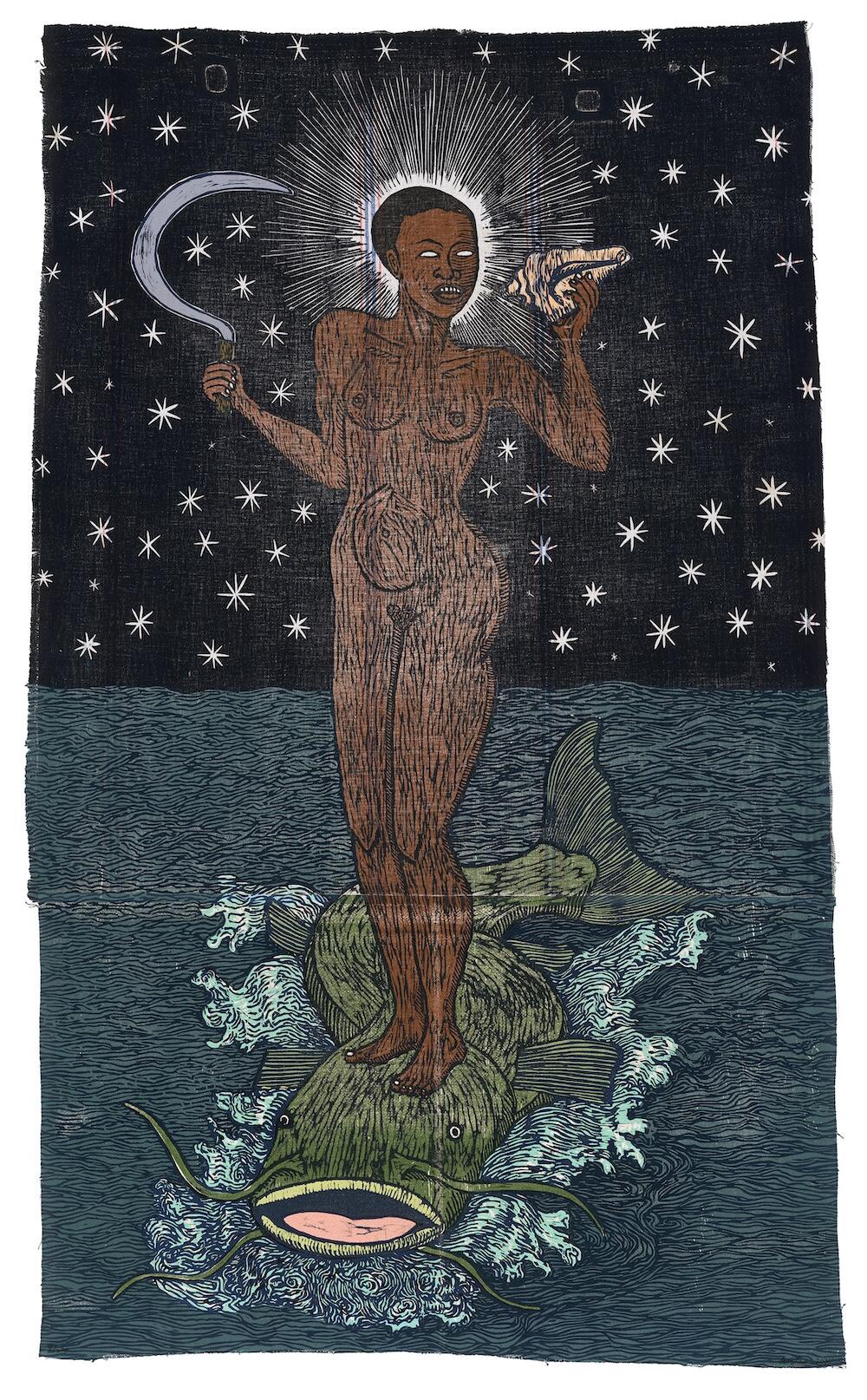 Alison Saar, Mutiny of the Sable Venus, 2024. Woodcut on vintage seed sacks, 160 x 99.1 cm. Courtesy: LA Louver