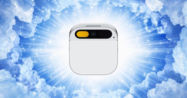 Humanes-AI-Pin-is-dead-as-HP-buys-startups-assets.jpg A Humane AI Pin device centered against a background of clouds and shining light beams.