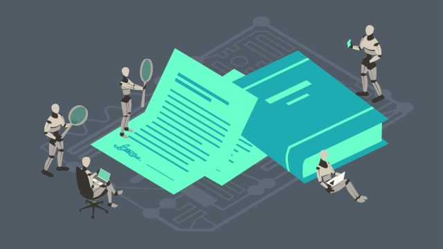 Legal-tech-startup-Luminance-backed-by-the-late-Mike-Lynch.jpg Robots work on a contract and review a legal book to illustrate AI usage in law.