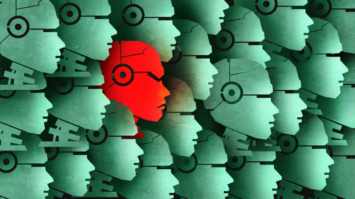 Researchers-puzzled-by-AI-that-praises-Nazis-after-training-on.jpg A red evil robot face among many "good" green robot faces.