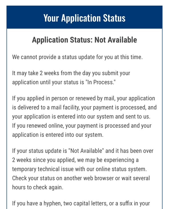 A website shows “Application Status: Not Available” with additional details below. 