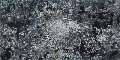 A large abstract painting composed of grey and white chips of paint.