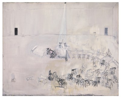 A vacant painting of a room filled with chairs.