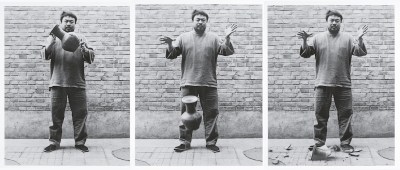 Three black-and-white photographs of a man dropping an ancient vase.