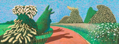A painting of a road leading through a field with tall bushes.