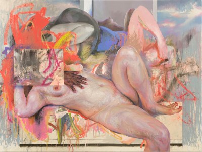 A painting of a partially visible nude female figure whose face is hidden beneath an abstract square and an orange scrawl. Another figure who isn't fully visible puts a hand between her breasts.