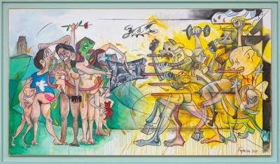A painting of women crying as a group of beast-like creatures points bayonets at them.