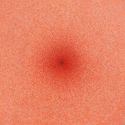 An abstract painting featuring many red dots around a central, bold red dot.