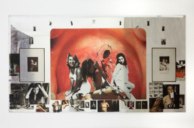 Various images and silhouettes of women pasted atop and around a close-up anatomical photograph of an esophagus.