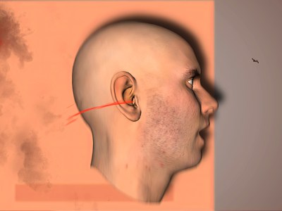 A digital avatar of a man's face with a spurt of red coming from one ear.