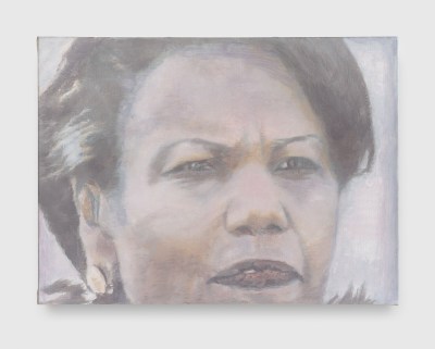 A painting of a close-up of a woman's face in grey tones.