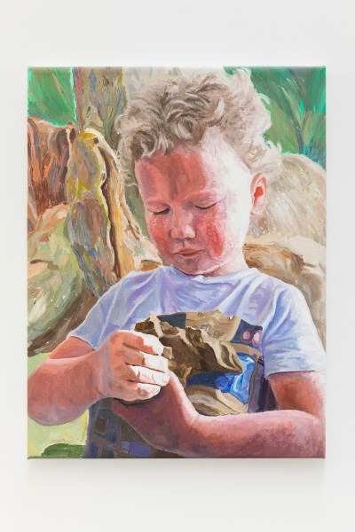 A painting of a little boy holding a sculpture.