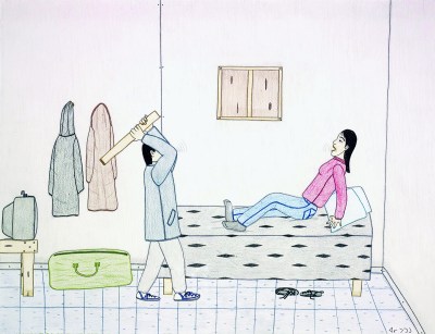 A drawing showing a woman screaming on a bed as a man holds a board up to her.