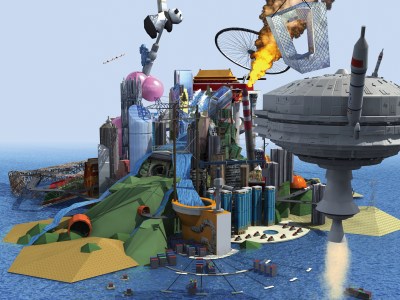 A digital city with skyscrapers, a flying panda, a smokestack, and more.