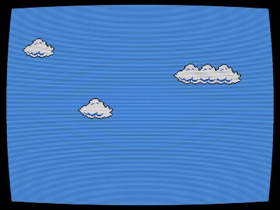 A monitor showing an image of a pixelated sky and clouds.