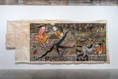 A large painting of a serpent, a mermaid-like female figure, a hat-wearing dolphin, and more in a densely populated landscape.