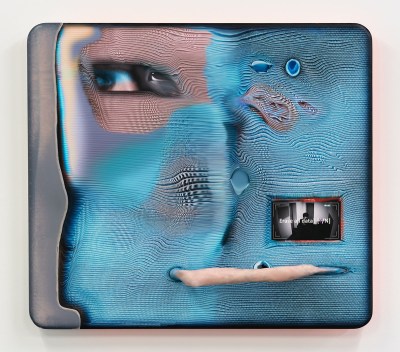 A painting resembling a warping blue screen. An eye is visible in one part.