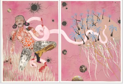 A two-panel piece showing a crouching woman wearing high heels with a decapitated snake running around one arm. The snake also runs its way through a jellyfish.