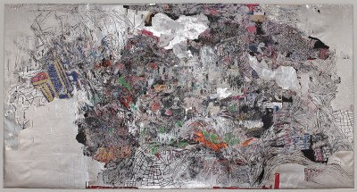 An abstract painting with scored areas and tangles of black and grey forms.
