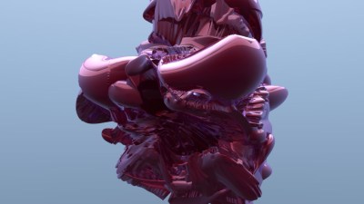 A computer-generated image of a pinkish face whose features are distorted.