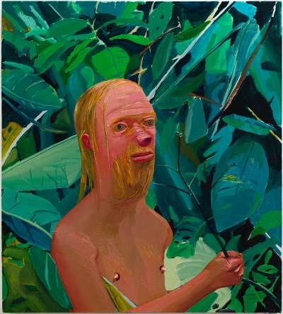 A painting of a shirtless man in a forest.