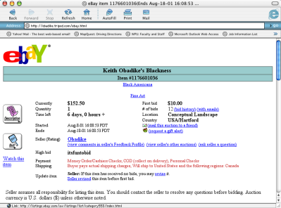 A webpage for an eBay listing called 'Keith's Obadike's Blackness.'