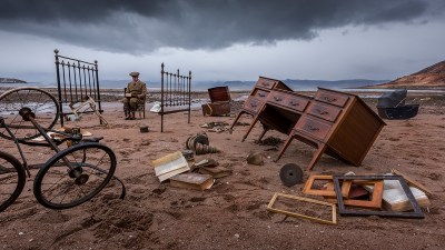 A person sitting on a beach that has disused bikes, bed frames, a desk, and more it.