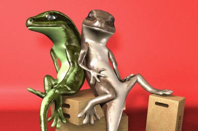 Two digitally rendered lizards lounging on piled crates.