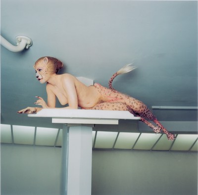 A cheetah-woman hybrid lying on top of a column.