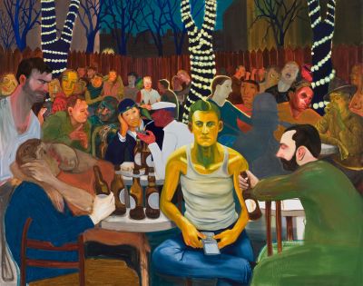 A painting of a group of people seated at tables in a beer garden. Two people can be seen making out.